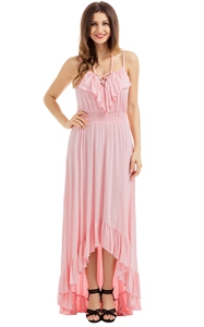 BY61510-10 Lace Up V Neck Ruffle Trim Hi-low Maxi Dress